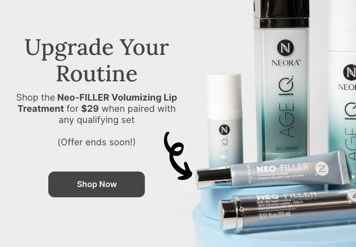 50% OFF Neo-FILLER Volumizing Lip Treatment with any Neo-FILLER or Neo-FILLER Set purchase. Featured is a woman kissing a tube of Neo-FILLER Volumizing Lip Treatment.